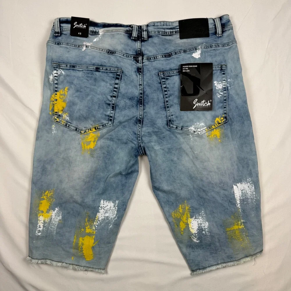 Switch Remarkable Mens Distressed Paint Splatter Denim Shorts Blue Size 40 NWT